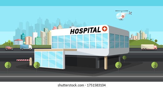 Hospital Building Vector Illustration with City on Background