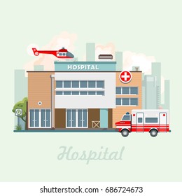 Hospital building vector illustration in flat design. Modern clinic with helicopter