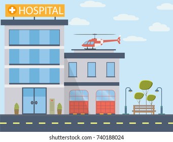 Hospital building vector illustration in flat design. Modern clinic with helicopter. Vector illustration