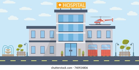 Hospital building vector illustration in flat design. Modern clinic with helicopter. Vector illustration background