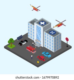 Hospital building vector illustration isometric. Emergency medical ambulance healthcare service. Police and fire truck with stairs in front of hospital entrance. Helicopters for transporting patients.