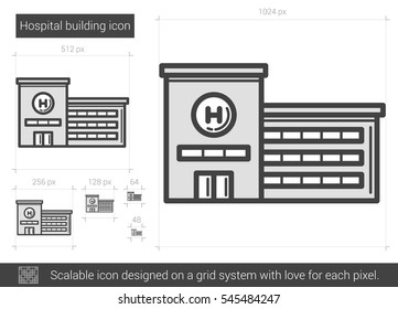 Hospital Building Vector Line Icon Isolated On White Background. Hospital Building Line Icon For Infographic, Website Or App. Scalable Icon Designed On A Grid System.