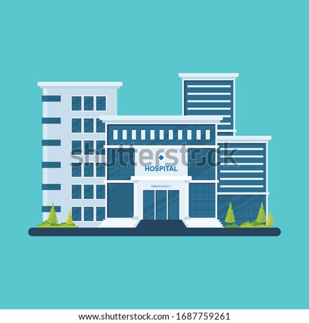 Hospital building vector, medical icon. Urgency and emergency services vector illustration in flat style with soft blue color