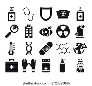 hospital building, virus and medicine icon set over white background, silhouette, vector illustration