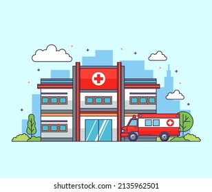 Hospital buildings with ambulance flat illustration vector design