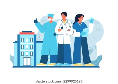 Hospital buildings medicine blue concept with people scene in the flat cartoon design. Doctors are standing near the hospital building. Vector illustration.