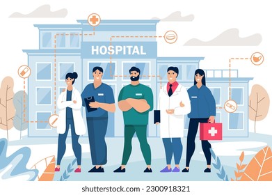 Hospital buildings medicine concept with people scene in the flat cartoon style. Team of doctors and nurses gathered together at the opening of a new hospital. Vector illustration.