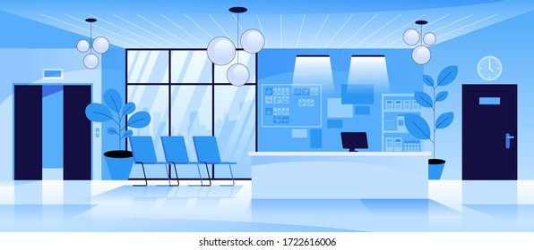 Hospital Or Business Modern Office Reception Clinic Or Hotel Interior In Blue Colors Lobby Waiting Hall With Counter Seats Doors And Elevator Empty No People Medical Clinic Interior Vector Banner