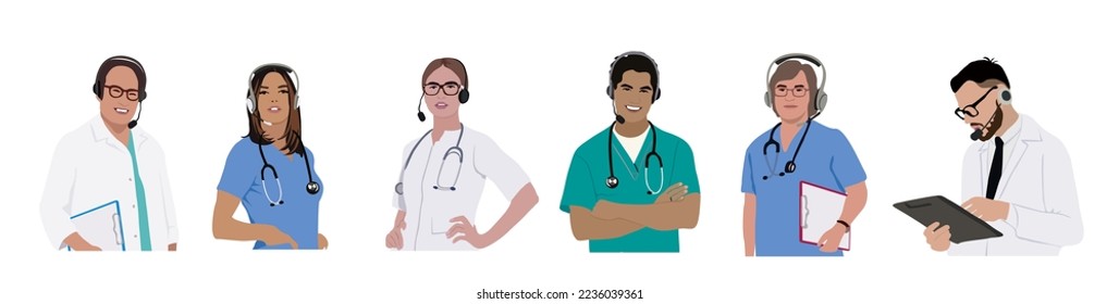 Hospital Call center, medical customer service vector illustrations isolated on white background. Smiling doctors with headsets. Telemedicine, online doctor concept. Diverse medical staff in uniform.