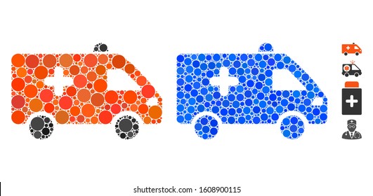 Hospital car mosaic of small circles in variable sizes and color tones, based on hospital car icon. Vector small circles are grouped into blue mosaic.