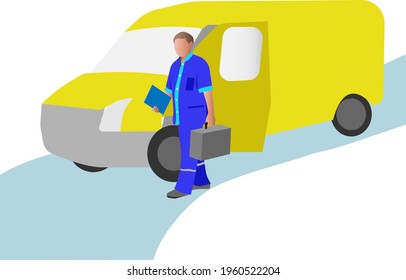 The hospital car responded to the patients call. The doctor goes to the patient and carries a medical suitcase.