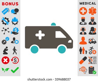 Hospital Car vector icon with bonus. Style is bicolor flat symbol, grey and cyan colors, rounded angles, white background.