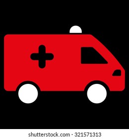 Hospital Car vector icon. Style is bicolor flat symbol, red and white colors, rounded angles, black background.
