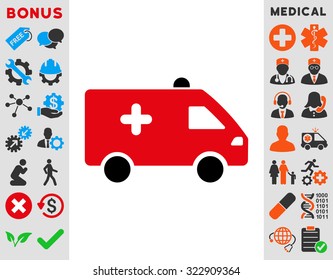 Hospital Car vector icon. Style is bicolor flat symbol, intensive red and black colors, rounded angles, white background.