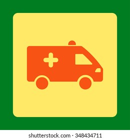 Hospital Car vector icon. Style is flat rounded square button, orange and yellow colors, green background.