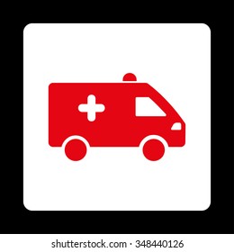 Hospital Car vector icon. Style is flat rounded square button, red and white colors, black background.