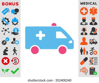 Hospital Car vector icon. Style is bicolor flat symbol, pink and blue colors, rounded angles, white background.