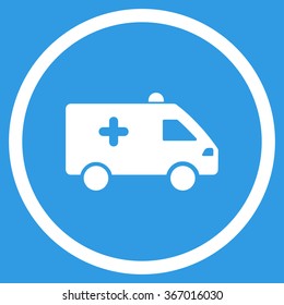 Hospital Car vector icon. Style is flat circled symbol, white color, rounded angles, blue background.