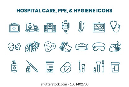 Hospital Care, PPE, and Hygiene Vector Icons