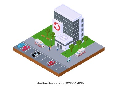 Hospital center, isometric emergency building, vector illustration. Ambulance car near modern clinic, medical service for man woman character.