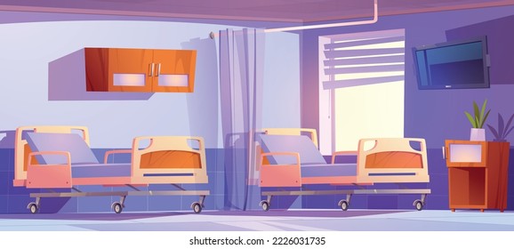 Hospital chamber with modern medical beds separated with curtains. Room with couches on wheels, clinic with comfortable sleeping place for patients and therapeutic treatment, vector illustration svg