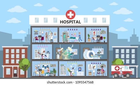 Hospital city building interior rooms with doctors and patients.