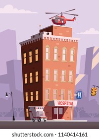 Hospital and cityscape in background