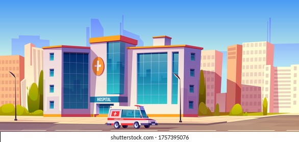 Hospital clinic building with ambulance car truck riding at road and green trees around. Medicine, city infirmary health care infrastructure, medic multistorey office, Cartoon vector illustration