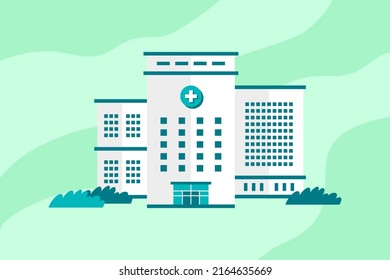 Hospital Or Clinic Building And Bushes On Green Pastel Background. Front View. Flat Vector Illustration In Cartoon Style.