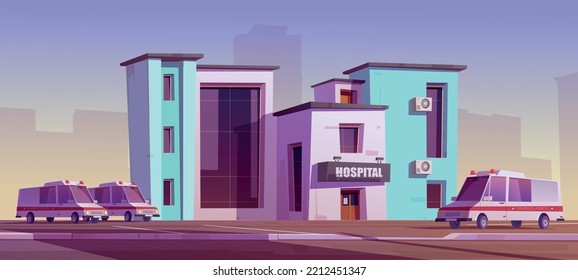 Hospital Clinic Building Exterior With Ambulance Car Truck Riding And Parked Vehicles On Yard. Medicine City Infirmary Health Care Infrastructure, Medic Multistorey Office, Cartoon Vector Illustration