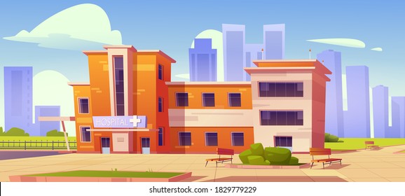 Hospital clinic building with green bushes and benches at front yard. Medicine, city infirmary health care infrastructure, medic two-storied office on cityscape background, Cartoon vector illustration