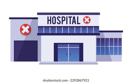 Hospital or clinic buildings facade flat vector illustration isolated on white background. Hospital for medical and surgical treatment and nursing care.