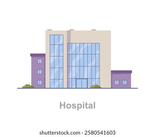 Hospital or clinic exterior of facade. Vector flat cartoon style, isolated municipal building for citizens. Healthcare institution for curing and healing patients, help with health issues