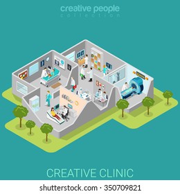 Hospital clinic interior rooms flat 3d isometry isometric medical concept web vector illustration. Traumatology MRI ultrasonography lab reception doctor nurse patient. Creative people collection.