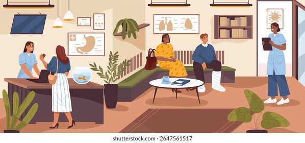 Hospital or clinic interior. Vector medicine or healthcare appointment sign. Therapy or diagnosis queue and reception consultation. Lobby or hall with nurse and patient. Medical treatment and health.