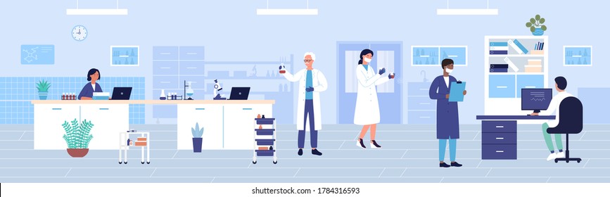 Hospital Clinic Laboratory Work Flat Vector Illustration. Cartoon Doctor Researcher Character Team Working And Studying In Medical Research Diagnostic Center. Healthcare Medicine Lab Office Background