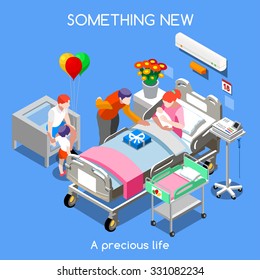 Hospital Clinic Maternity Room Mother Bed Baby delivery Childbirth. 3D Flat Isometric Family People Medical Trial Hospital Research. New Born Clinic Hospital Maternity  Infographic Vector Illustration