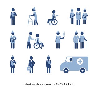 Hospital clinic medical halthcare icons. Doctor and nurse, patients icon symbols. Medical clinic characters sign pictograms.