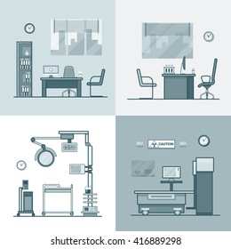 Hospital clinic medical medicine dispensary lab operation room x-ray roentgen doctor cabinet interior indoor set. Linear stroke outline flat style vector icons. Monochrome icon black white collection.