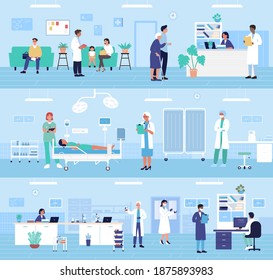 Hospital clinic office departments interior vector illustration set. Cartoon medicine staff, man woman doctors work in medical laboratory, reception, treat sick patients in surgeon ward background