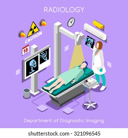 Hospital Clinic Radiology Diagnostic Imaging Department Infographic. X Ray RX MRI CT Scan Patient Disease. Health Care Medical character medicine staff 3D Flat Isometric People Collection Vector Image