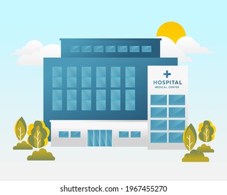 Hospital or clinic vector with tree and sky background. Health care or medical concept. Vector illustration.