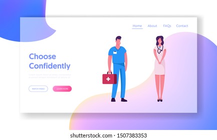 Hospital or Clinic Workers Website Landing Page. Ambulance Medic with Bag and Therapist Doctor or Nurse in White Labcoat with Stethoscope on Neck Web Page Banner. Cartoon Flat Vector Illustration