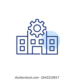 Hospital and cogwheel. Healthcare settings, system management, medical services configuration, facility administration, clinical operations control. Pixel perfect, editable stroke vector icon