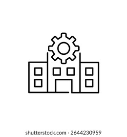 Hospital and cogwheel. Healthcare settings, system management, medical services configuration, facility administration, clinical operations control. Pixel perfect, editable stroke vector icon