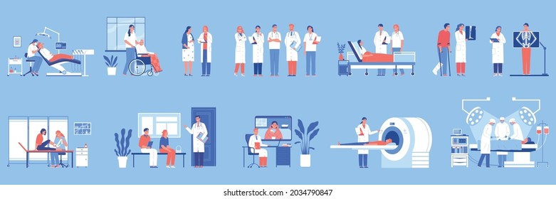 Farbset für Krankenhäuser mit isolierten Symbolen für Ärzte in medizinischen Geräten Büromöbel Bilder mit Spezialisten Vektorgrafik