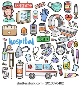 Hospital, Colorful Graphics Elements And Illustrations. Vector Art Such As Ambulance, Oxygen Mask, Heart Monitor, Blood Transfusion, Wheel Chair, Radiology Room Are Included In This Doodle Cartoon Set