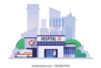 Hospital complex of clinic buildings for urgency treatment and medical care, flat vector illustration isolated on white background. Medical institution buildings.