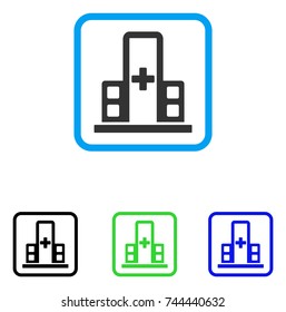 Hospital Complex icon. Flat gray pictogram symbol in a blue rounded squared frame. Black, green, blue color versions of Hospital Complex vector. Designed for web and application user interface.