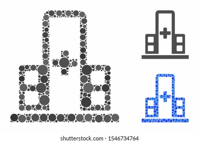 Hospital complex mosaic of spheric dots in different sizes and color tones, based on hospital complex icon. Vector round dots are composed into blue illustration.